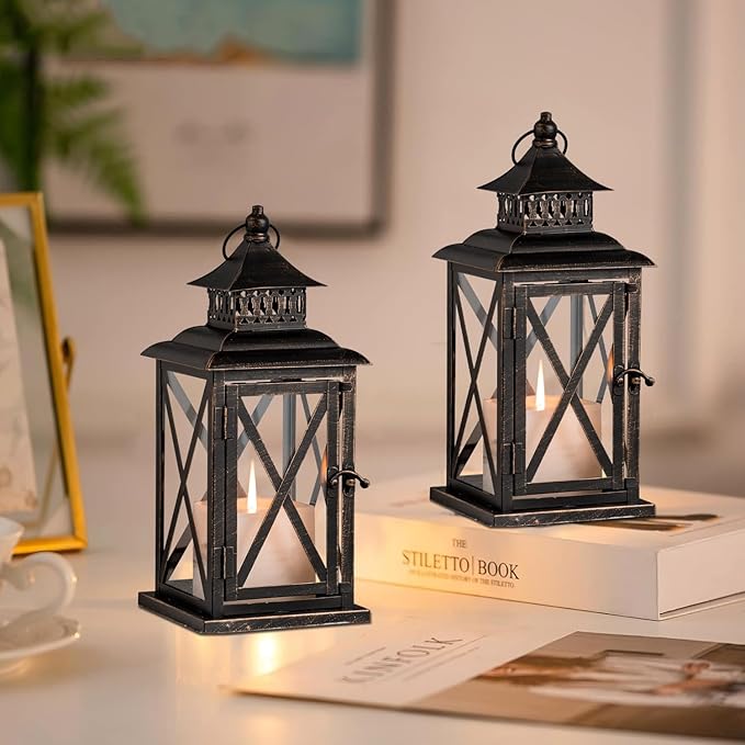 DECORKEY Lantern Decorative Indoor & Outdoor, 2 Pack Large Hanging Candle Lanterns Home Decor, Vintage Metal Candle Holders for Front Porch Patio Wedding Party, Halloween Christmas Decorations (Black)