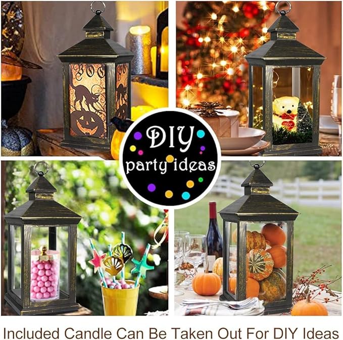 Bright Zeal 14" Tall Vintage Decorative Lantern with LED Pillar Candle (Distressed Gold, Batteries Included) - Outdoor Lights Decorative Hanging - Battery Lantern with Timer - Vintage Candle Light