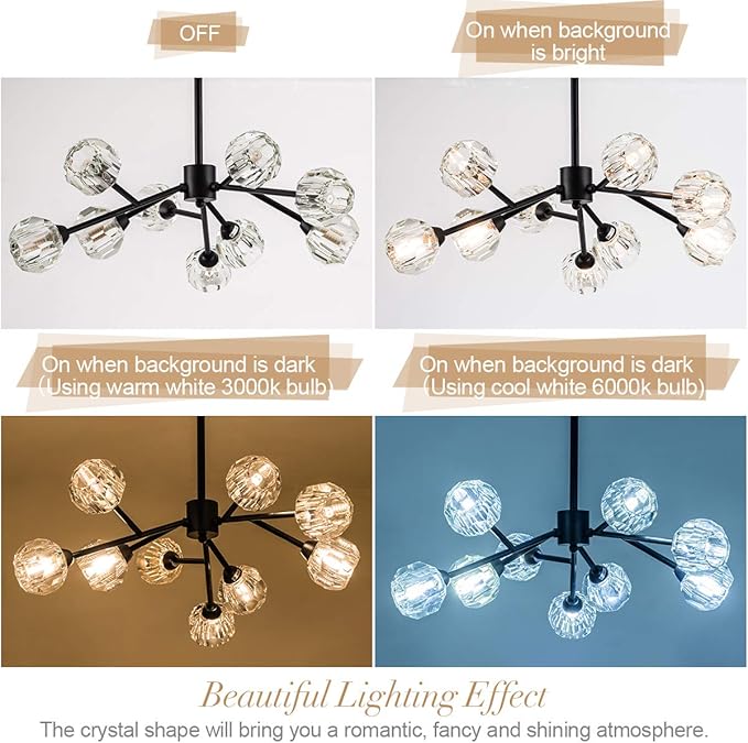Sputnik Chandeliers for Dining Room Light Fixture Over Table, Modern Crystal Chandeliers, 9 Lights Black Lighting Fixtures for Living Room Bedroom Kitchen Island Bar