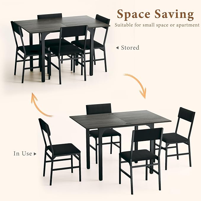 Dining Table Set for 4, Extendable Kitchen Table Cushion Chairs Set of 4, Rectangle Dining Table with Metal Frame & MDF Board, Folding for Small Apartment Saving Space, Grey Oak