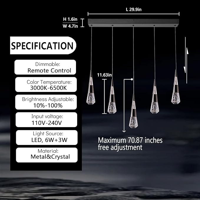 Pendant Light Fixtures,5-Light Black Pendant Lights Kitchen Island Dimmable,Modern Chandeliers for Dining Room Kitchen Island Bedroom Hallway Entryway.