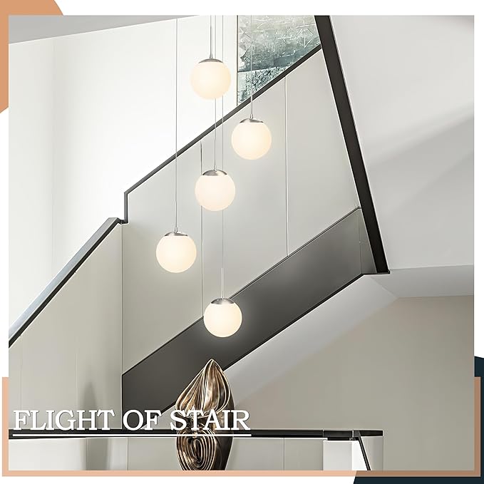 KoKo&Yukina 5-Light Globe Glass Pendant Light Adjustable Length Pendant Lights Fixtures Modern Nickel Chandelier with Milky White Glass Ceiling Lights for Foyer Hallway Bedroom (Bulb & Remote Incl.)