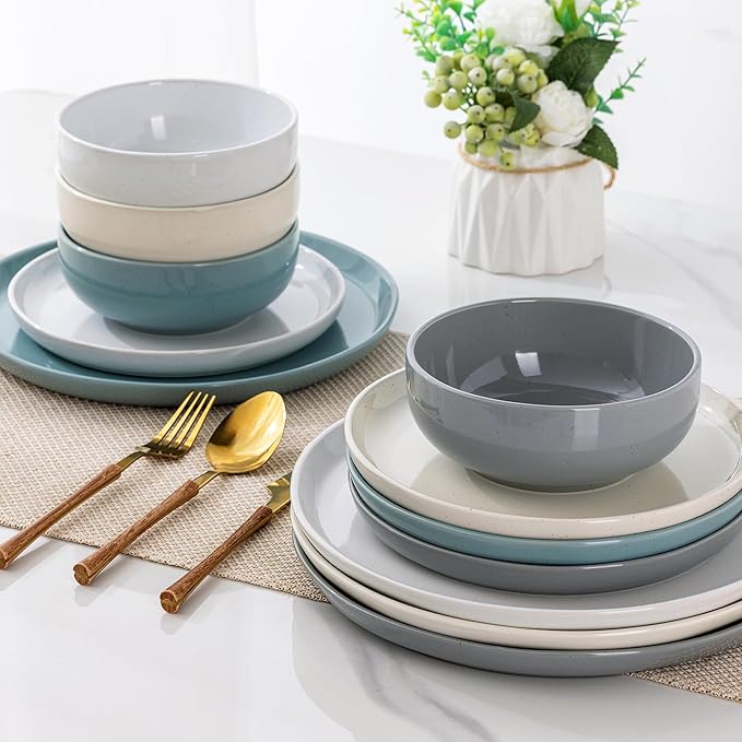 GBHOME Ceramic Dinnerware Set for 4, 12pcs Stoneware Plates and Bowls Sets, Handmade Chip and Scratch Resistant Dishes Set, Dishwasher & Microwave Safe