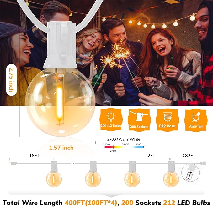 Achin Outdoor String Lights White 400FT(100ft*4) Patio Lights Outdoor Waterproof with 212 LED Bulbs(12 Spare) Shatterproof G40 Globe String Lights for Outside Wedding Backyard, White Wire, 2700K
