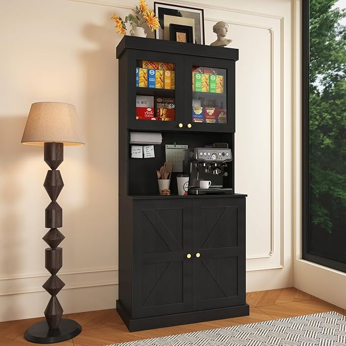 71" Farmhouse Kitchen Pantry Cabinet, Black Freestanding Coffee Bar with Glass Doors, Microwave Stand, Large Storage Hutch with Adjustable Shelves for Kitchen or Living Room