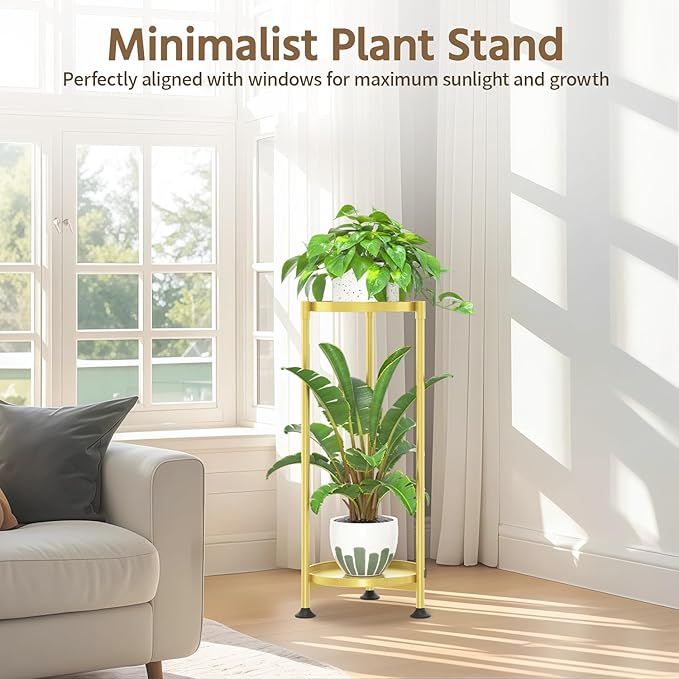 LASZOLA 2 Tier Gold Plant Stand Indoor for Large Tall Heavy Duty Flower Planter, Metal Vertical Multi Level Rack for Narrow Floor Corner, Sturdy Round Holder Organizer, Modern, Mid Century, Farmhouse