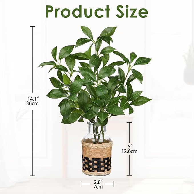 Fake Stems in Glass Vase with Faux Water and Handcrafted Bamboo Weave 13.4” Artificial Plants Leaves for Shelf Desk Bathroom Farmhouse Room Coffee Table Home Decor