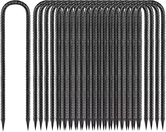 Rebar-Stakes-12-Inch, Ground Stakes Heavy Duty U-Hook Black Coated Anti-Rust Heavy Duty Ground Anchors for Garden Dog Fence Chicken Coop Christmas Decorations Deer Fence 20pcs