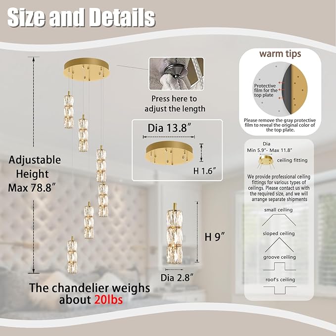H78 Pendant Lights Kitchen Island 6-Lights Pendant Chandelier for Dining Room Hallway Stairwell,LED Dimmable 2700K-6000K (Gold Chandelier)