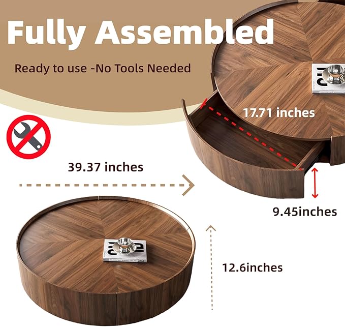 Luxury Solid Wood Coffee Table for Living Room,Fully Assembled 39.4'' Round Coffee Table with Storage, Minimalist Center Table with Metal Base,Walnut Finish,No Installation Needed