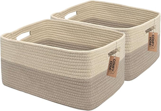 COMFY-HOMI 2 pcs Large Storage Baskets for Shelves, Laundry Basket, Woven Rope Basket, Closet Organizer Bins for Clothes Blanket Towels, Baby Nursery, Gift Toy Baskets, 17” x 13” x 7.5”-Beige brown