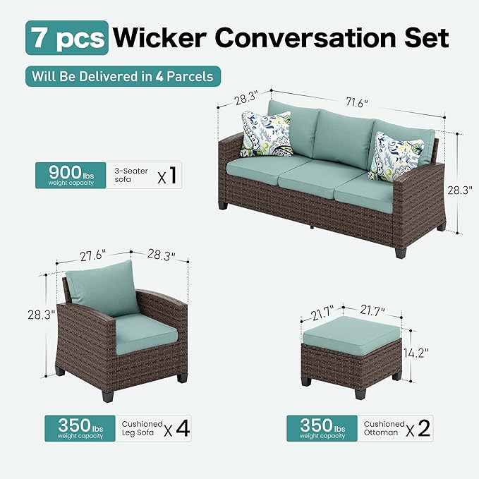 Patio Furniture Set Outdoor Furniture Brown Wicker Rattan Patio Conversation Sets with Cushion Outside Sofa Set,7 Pieces 9 Seats,Blue