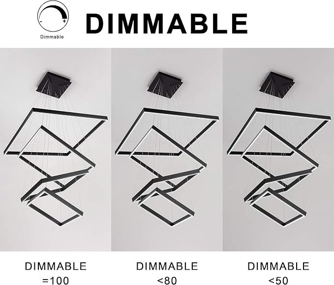 Square Led Chandelier Modern Hanging Light 4-Rings Contemporary Ceiling Pendant Light Dimmable Led Pendant Light for Living Room Kitchen Dining Room 15.7"+19.6"+23.6"+31.4" Black