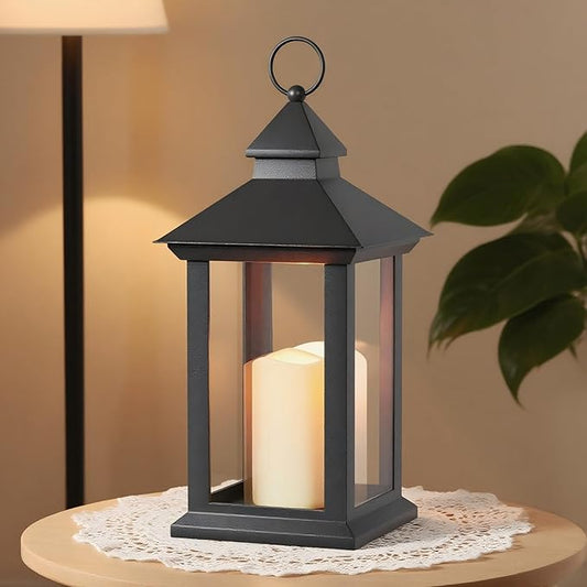 Lanterns Decorative Indoor, 14" Battery-Powered Waterproof Black LED Candle Lanterns with Timer for Patio & Outdoor, Vintage Hanging Lantern for Home & Wedding, Transparent