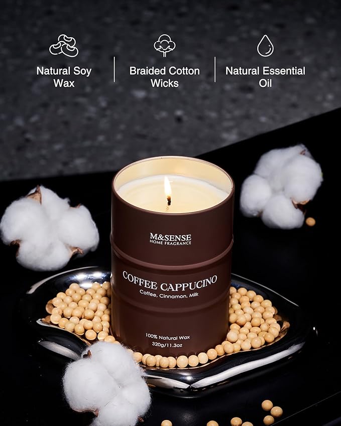 M&SENSE Coffee Cappucina Scented Candles, Soy Natural Wax Candle 11.3oz 70 Hours Long Lasting Burning, Strong Coffee Aroma Candle Unique Housewarming Appreciation Gifts