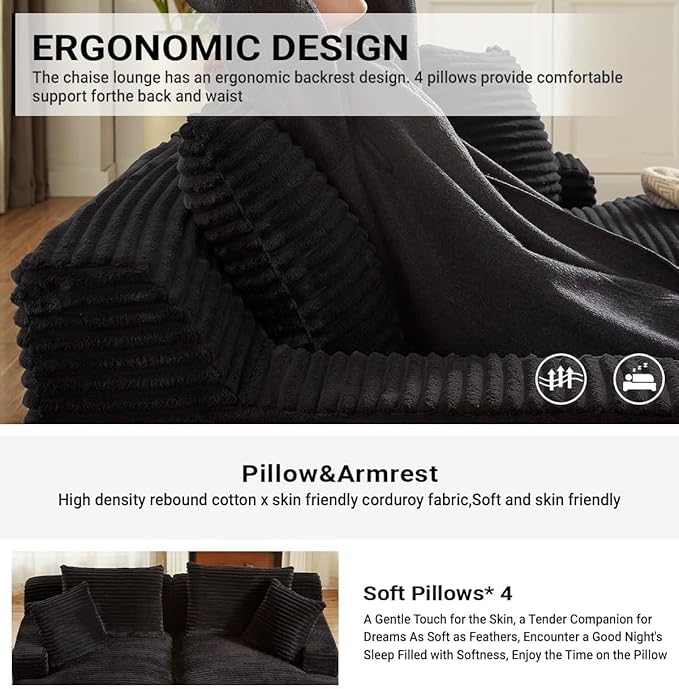 Oversized Double Chaise Lounge, Corduroy Boneless Couch, Modern Oversized Chaise Lounge, Upholstered Sleeper Sectional Sofa Daybed with Throw Pillows and Armrest for Living Room, Black