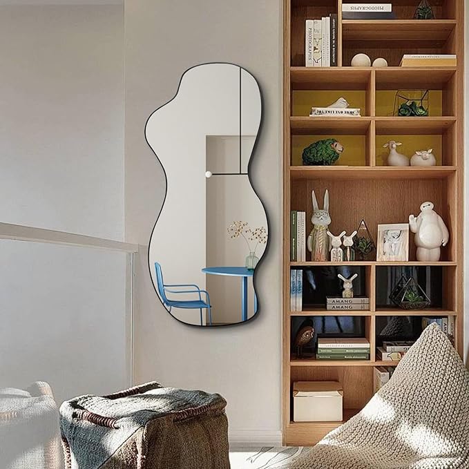 POZINO Irregular Mirror, Asymmetrical Wall Mirrors, 40"x18" Frameless Wall Mirrors Decorative, Modern Waved Shaped Mirror for Living Room Bathroom Bedroom Hallway Entryway Fireplace