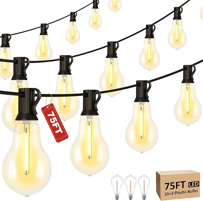 75FT Outdoor String Lights with 35+3 Waterproof Bulbs, 2FT Bulbs Apart, Dimmable & Connectbale, Commercial Grade Patio String Lights for Outside Porch Backyard Garden Deck Decor