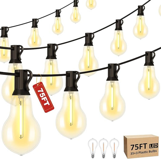 75FT Outdoor String Lights with 35+3 Waterproof Bulbs, 2FT Bulbs Apart, Dimmable & Connectbale, Commercial Grade Patio String Lights for Outside Porch Backyard Garden Deck Decor