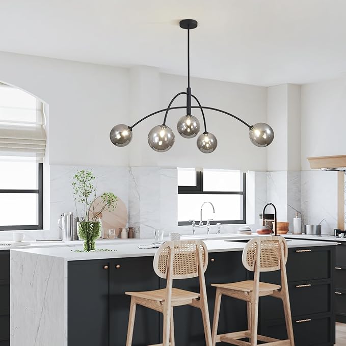 Mid Century Modern Chandelier Black 5 Light Industrial Pendant Light Fixture Vintage Smoke Gray Globe Glass Sputnik Chandeliers for Bedroom Kitchen Living Room Hallway