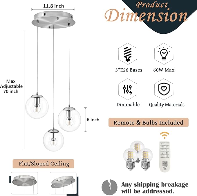KoKo&Yukina 3-Light Globe Glass Pendant Light Modern Nickel Clear Globe Glass Chandelier Adjustable Length Pendant Lights Fixtures High Ceiling Light for Kitchen Island Foyer (Bulb & Remote Incl.)