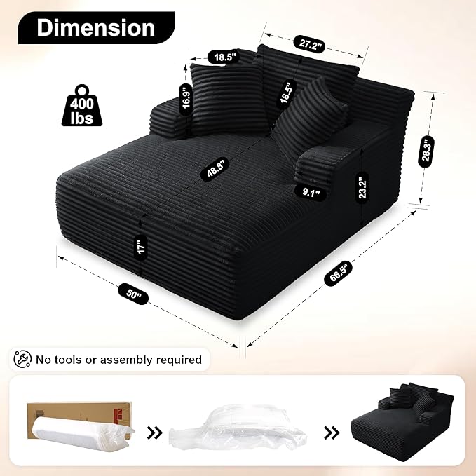 Boneless Couch Sofa Chiar Chaise Lounge Chair Indoor Upholstered Corduroy Couch Cloud Sleeper Sofa Oversized Reading Chair for Living Room No Assembly Required (Black, 50" W x 67" D)