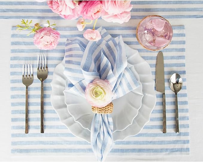 Solino Home Linen Napkins Set of 4-100% Pure Linen Amalfi Stripe Sky Blue and White Cloth Dinner Napkins 20 x 20 Inch - Handcrafted and Machine Washable - Christmas, Holiday
