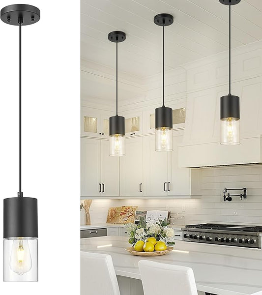 Black Pendant Lights Kitchen Island, Modern Hanging Lights Fixtures with Cylinder Clear Glass, Industrial Kitchen Pendant Lighting Over Island for Dining Room, AD-24023-1P-BK