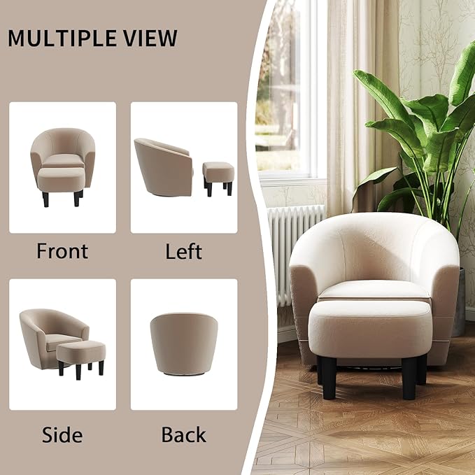 INZOY Swivel Accent Chair with Ottoman for Small Space, 360 Degree Club Chair with Ottoman Set, Comfy Fabric Barrel Reading Chairs for Living Room Bedroom, Beige