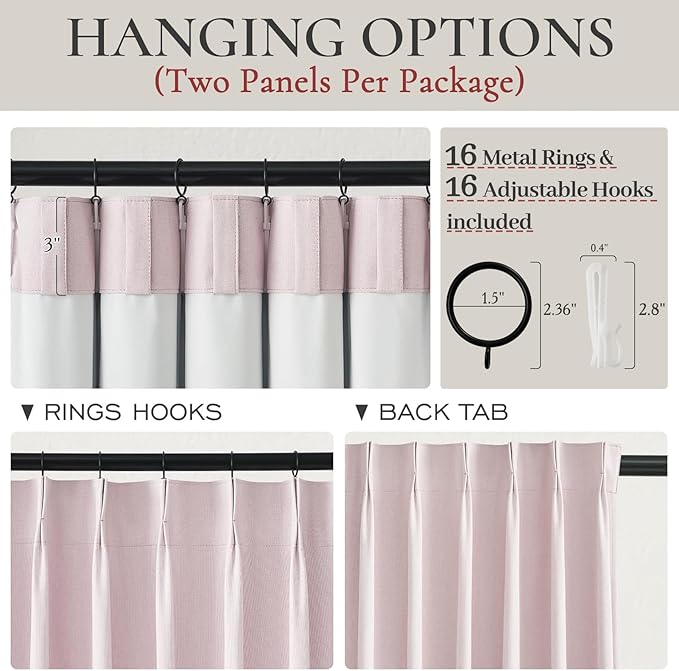 Pale Pink Blackout Kitchen Curtains 45 Inch Length 2 Panels Set, Pretty Pinch Pleated Natural Linen Mini Drapes Thermal Privacy with Hooks & Back Tab 45 Inch Long Curtain for Small Windows Light Pink
