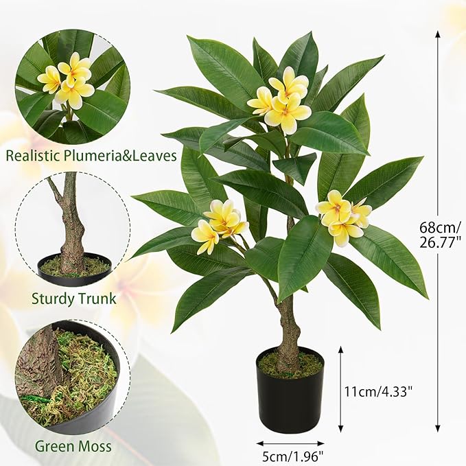 Briful Artificial Plants Indoor 26.77'' Fake Tropical Plumeria Flowers Tree Plants in Black Pot, Hawaiian Yellow Plumeria Faux Frangipani Tree Floor Plant for Home Office Wedding Decor