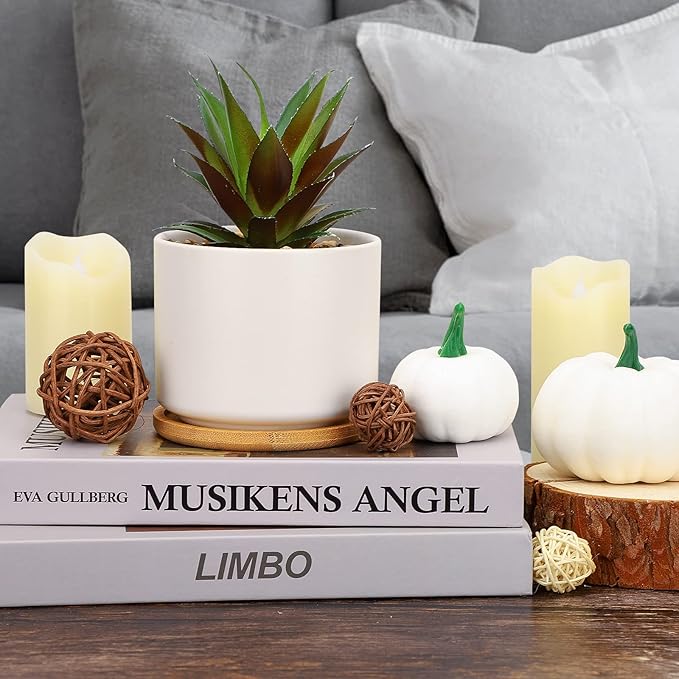 Hopewood Artificial Succulents in Pot, Fake Potted Pineapple Succulents Plants with Ceramic Pot and Wooden Tray, Potted Artificial Plants for Home, Office Desk and Bathroom Decor 6.8inch×4.3inch