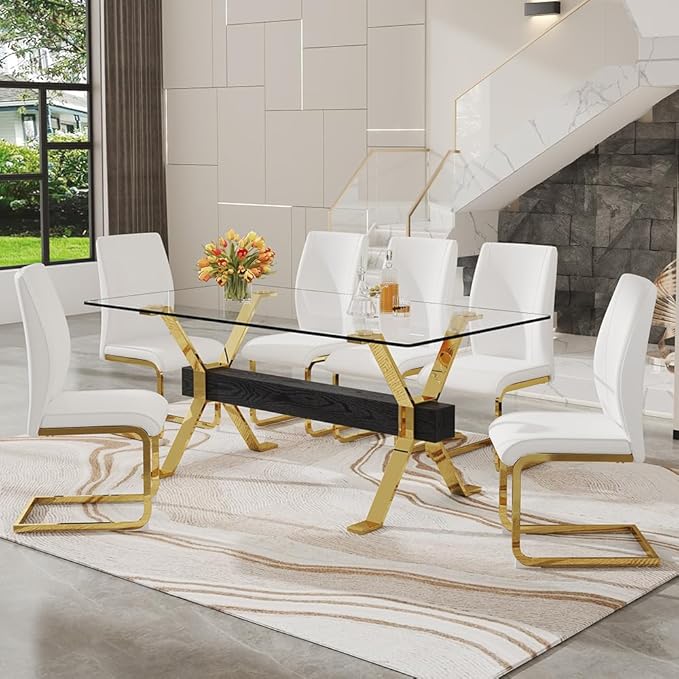 71'' Modern Dining Table Set for 6,7 Piece Glass Dining Table Set with Open‑Frame X‑Shaped Golden Metal Base,Gold Kitchen Table and Chairs Ideal for Dining Room&Home Office