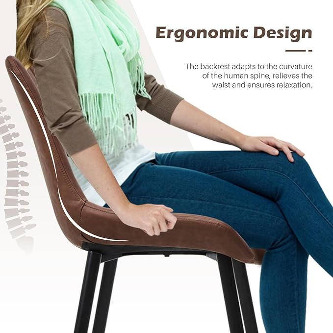 TUKAILAi Faux Leather Dining Chairs Set of 2, Modern Linear Design Kitchen Chairs with Upholstered Seat and Metal Legs, Comfortable Side Chairs for Dining Room Restaurant Commercial (Brown)