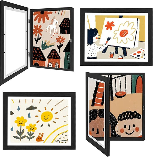 4-Pack Kids Artwork Frames 10x12.5 Front Opening Kids Art Frame for Wall Art work Picture Display Holds 50+ Pcs for Kids Drawings Changeable Frames for Kids' Artwork Storage and Display – Black
