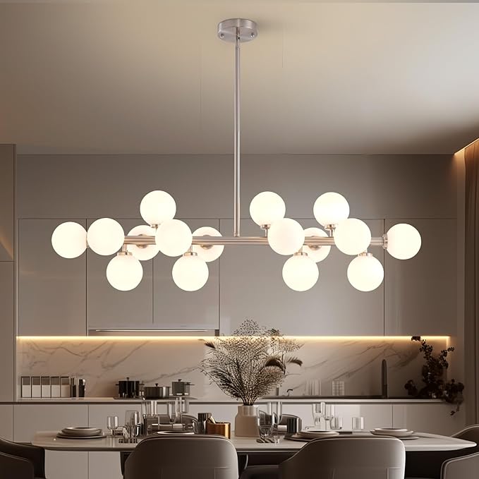 Glass Globe Sputnik Chandelier, 16-Light Mid Century Modern Light Fixture Over Table, Linear Chandeliers for Dining Room, Kitchen Island, Nickel and Milk White Bubble, 40 Inch, GC-02