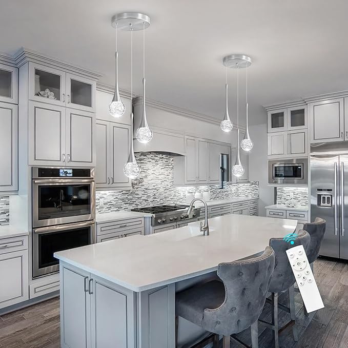 3-Lights Modern Pendant Lights for Kitchen Island LED Dimmable Crystal Glam Ceiling Pendant Lighting Chandelier for Dining Room Hallway Bedroom Corner Lamp Brushed Nickel