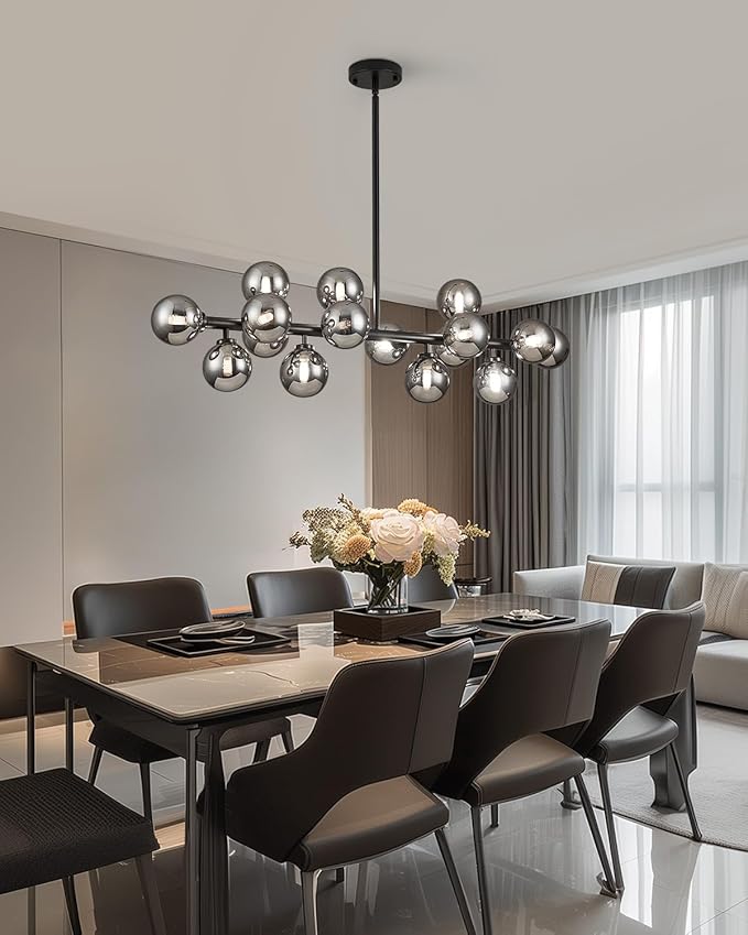 Glass Globe Sputnik Chandelier, 16-Light Mid Century Modern Light Fixture Over Table, Linear Chandeliers for Dining Room, Kitchen Island, Black and Smoke Grey Bubble, 40 Inch, GC-02
