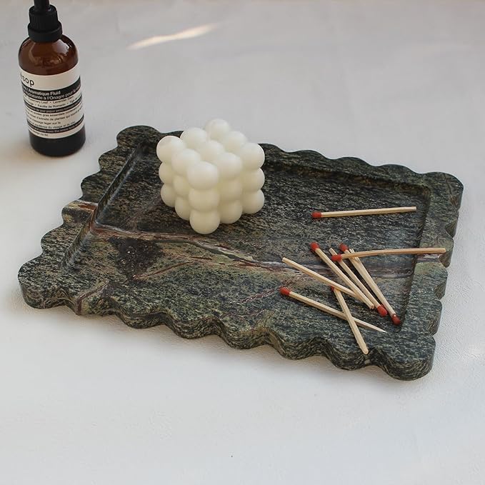 Natural Luxury Scalloped Marble Tray 10.8"x8", Rectangle Vanity Tray for Bathroom Kitchen Counter, Decorative Tray for Dresser Home Decor - Rainforest Green
