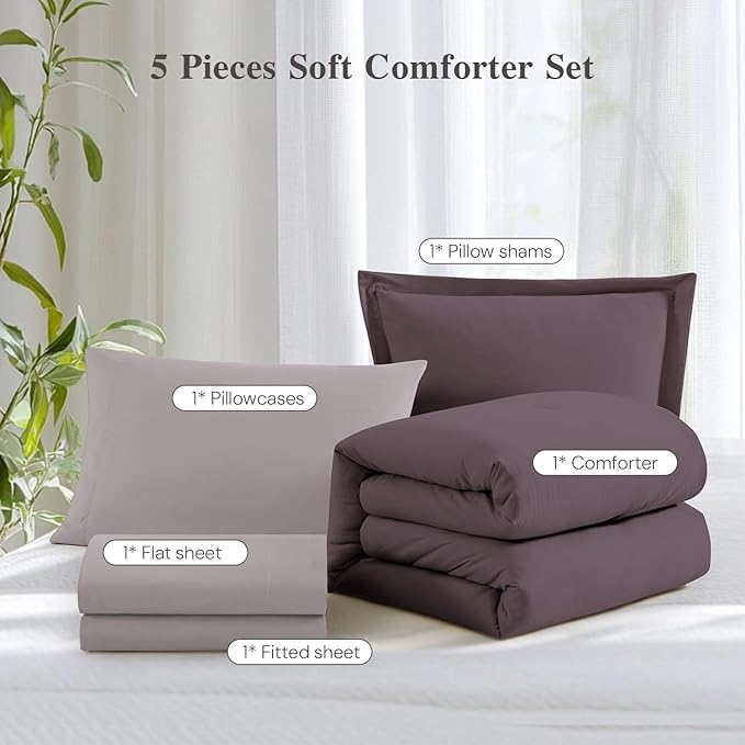 WRENSONGE Twin XL Comforter Set, 5 Pieces Soft Twin Size Comforter Sets- Italian Plum Twin Comforter, Fitted Sheet, Flat Sheet, 2 Pillow Shams, 2 Pillowcases, Warm Bedding Sets All Season