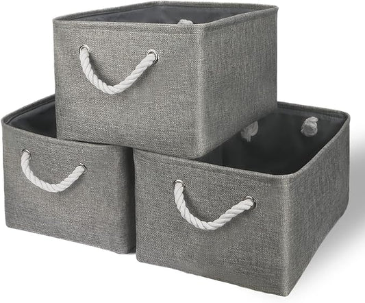 TheWarmHome Storage Bins - Medium 3 Pack Storage Baskets for Organizing Shelves | Fabric Storage Cubes Organizer for Linen Closet Nursery Home Decor Grey