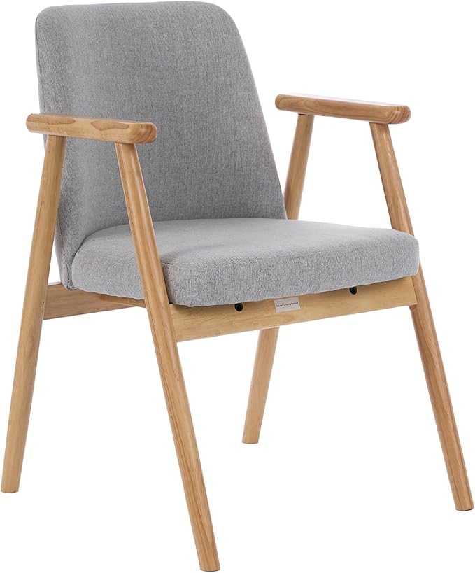 Mid Century Modern Living Room Accent Chair Comfy Reading Armchair with Solid Wood Legs, Soft Seat, Line Fabric for Bedroom, Office, Vanity (Line LightGray)
