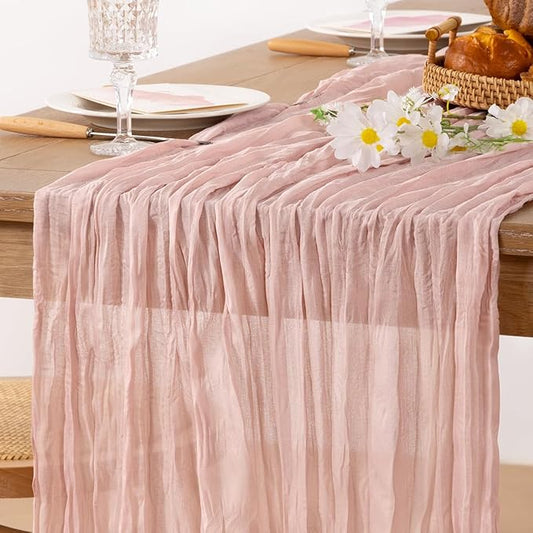 MLMC Pink Table Runner Boho Cheesecloth Table Runner 10ft Rustic Dusty Pink Gauze Cheese Cloth Centerpiece Decor 35x120 Inches for Wedding Bridal Baby Shower Birthday Party Decor