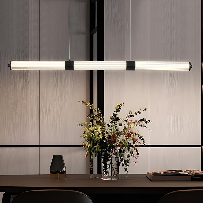 Modern Linear Chandelier, LED Dimmable Black Pendant Light Fixture for Kitchen Island, Dining Room, and Living Room Contemporary Linear Ceiling Light, Easy to Install.