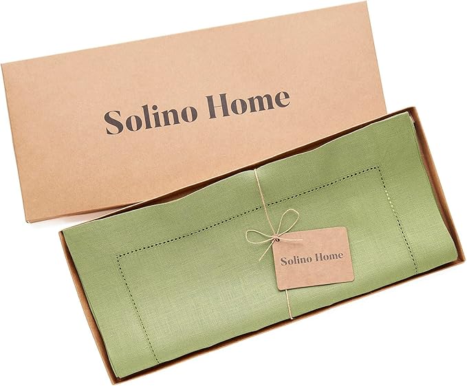 Solino Home Linen Moss Green Table Runner 156 Inches Long - 100% Pure Linen Extra Long Table Runner 14 x 156 Inch for Fall, Autumn, Thanksgiving - Classic Hemstitch