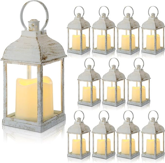 12 Set 10 Inch White Decorative Candle Lanterns Bulk Lanterns Centerpiece with LED Flameless Candle Indoor Outdoor Battery Powered Hanging Lights for Wedding Halloween Thanksgiving Christmas