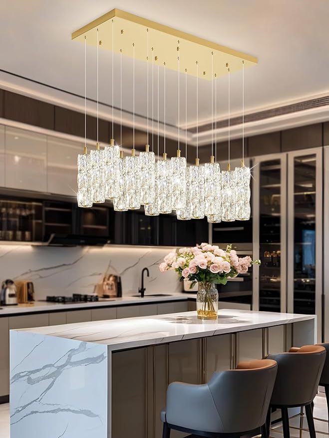 16-Lights Modern Crystal Chandelier Rectangular Dining Room Chandeliers LED Pendant Lighting Fixture for Kitchen Island High Ceiling Chandelier for Staircase Foyer Entryway