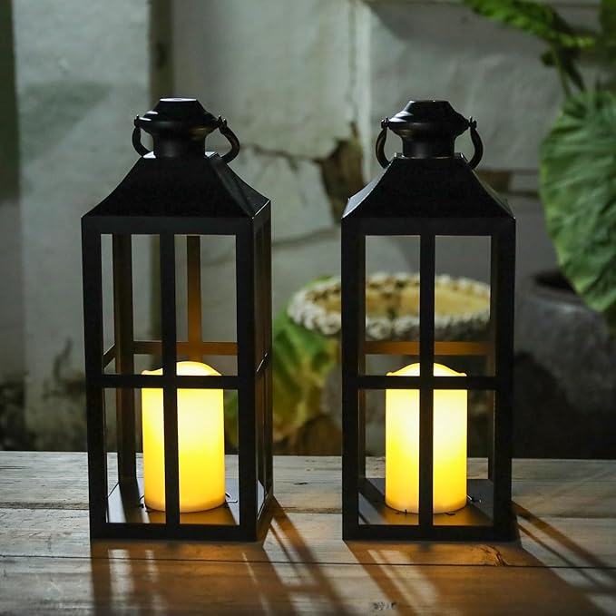 Bdor 2 Pack Black Metal Lantern with LED Candle, Battery Operated, 17.7 Inch Tall Decorative Candle Holder, for Indoor and Outdoor Use, Perfect for Home Décor, Weddings, Parties, and Holiday