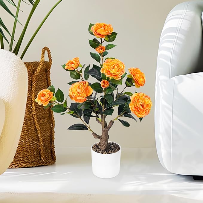 2FT Artificial Camellia Tree, Small Fake Tree for Outdoor Indoor, Plastic Potted Plants for Home Office, Tabletop Desk Orange Flower Plants (1 Pack)
