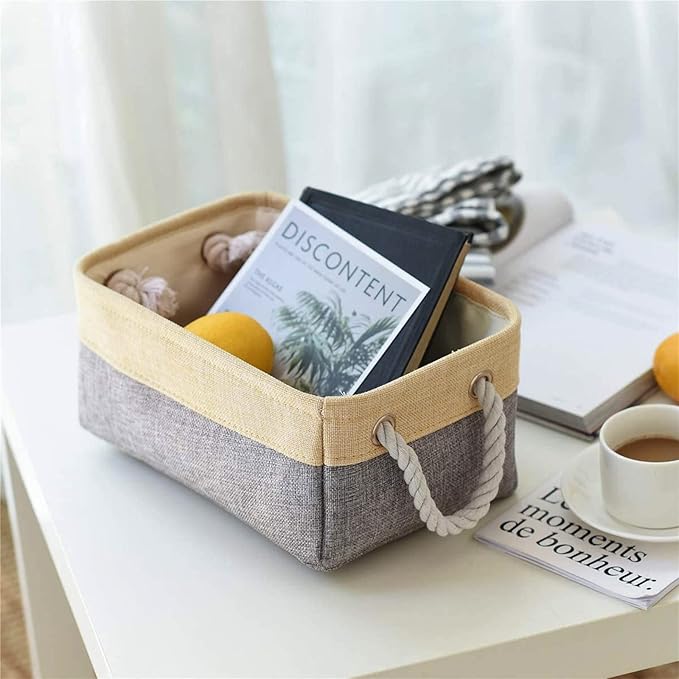 TheWarmHome Decorative Basket Rectangular Fabric Storage Bin Organizer Basket with Handles for Clothes Storage (Gold&Grey, Medium-1Pack,13.8L*9.8W*6.7H)